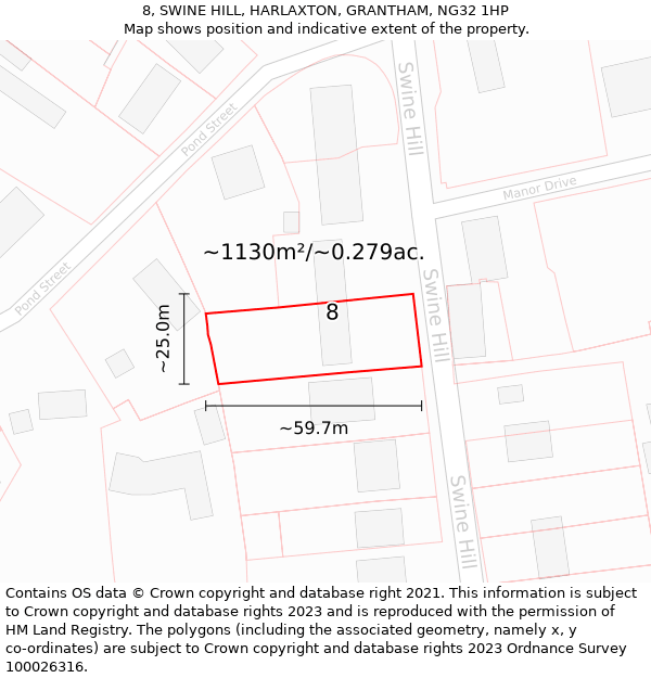 8, SWINE HILL, HARLAXTON, GRANTHAM, NG32 1HP: Plot and title map