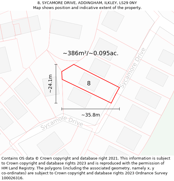 8, SYCAMORE DRIVE, ADDINGHAM, ILKLEY, LS29 0NY: Plot and title map