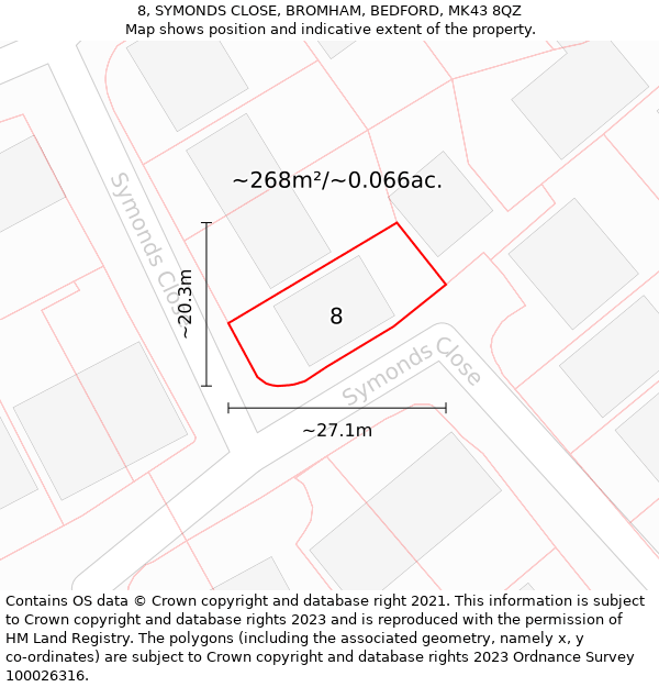 8, SYMONDS CLOSE, BROMHAM, BEDFORD, MK43 8QZ: Plot and title map