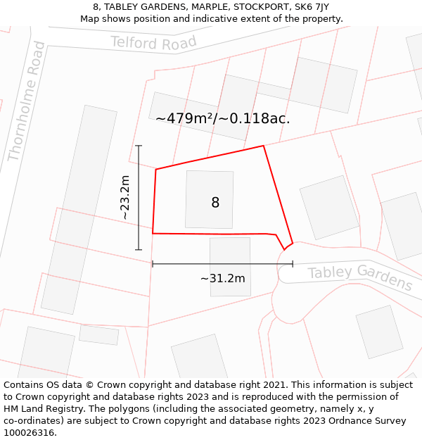 8, TABLEY GARDENS, MARPLE, STOCKPORT, SK6 7JY: Plot and title map