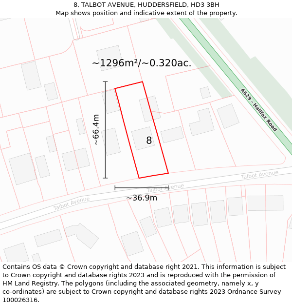 8, TALBOT AVENUE, HUDDERSFIELD, HD3 3BH: Plot and title map