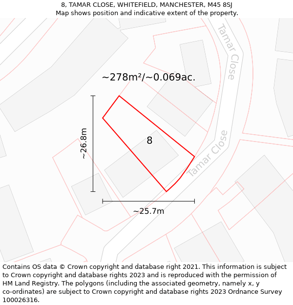8, TAMAR CLOSE, WHITEFIELD, MANCHESTER, M45 8SJ: Plot and title map