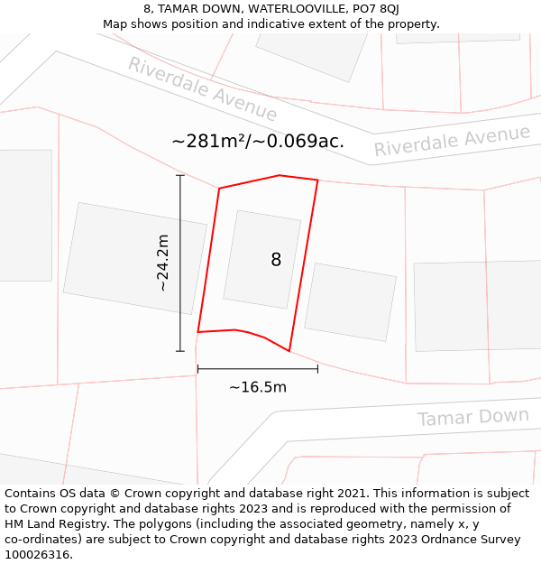 8, TAMAR DOWN, WATERLOOVILLE, PO7 8QJ: Plot and title map