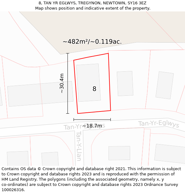 8, TAN YR EGLWYS, TREGYNON, NEWTOWN, SY16 3EZ: Plot and title map