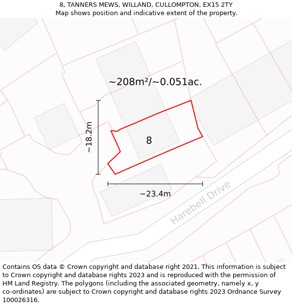 8, TANNERS MEWS, WILLAND, CULLOMPTON, EX15 2TY: Plot and title map