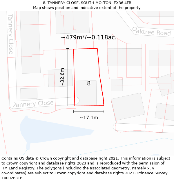 8, TANNERY CLOSE, SOUTH MOLTON, EX36 4FB: Plot and title map