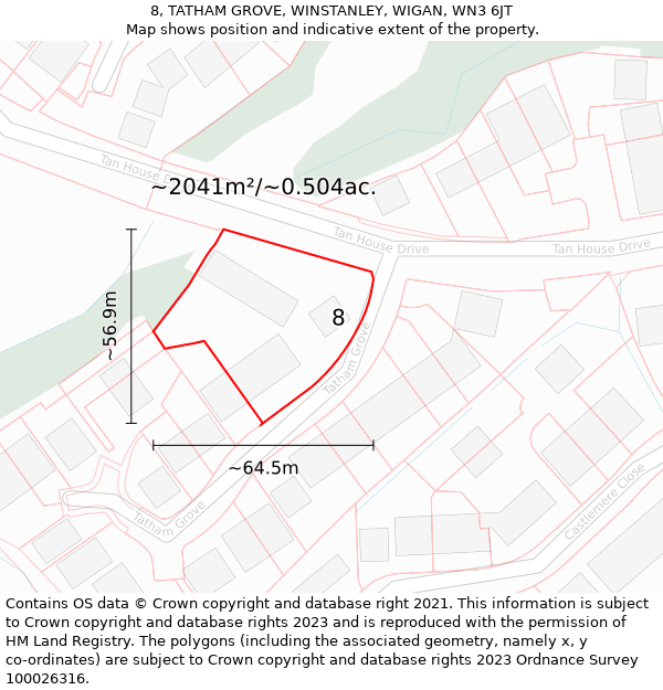 8, TATHAM GROVE, WINSTANLEY, WIGAN, WN3 6JT: Plot and title map