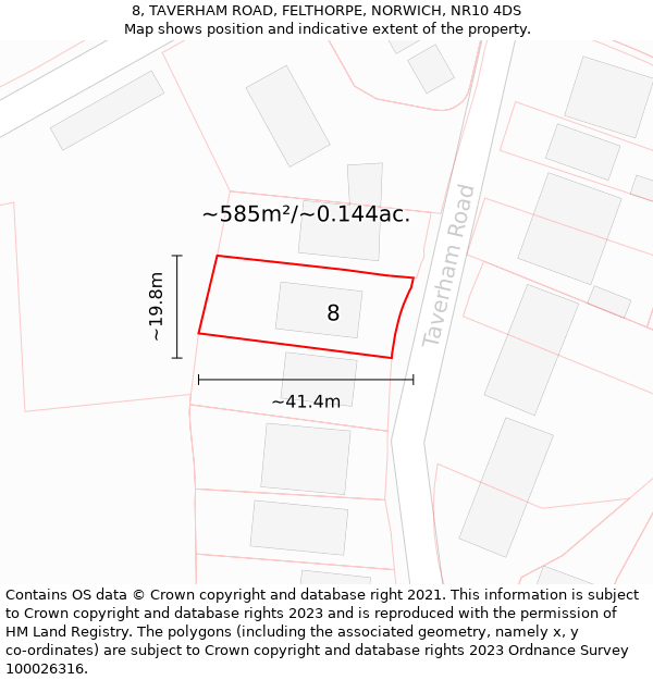 8, TAVERHAM ROAD, FELTHORPE, NORWICH, NR10 4DS: Plot and title map