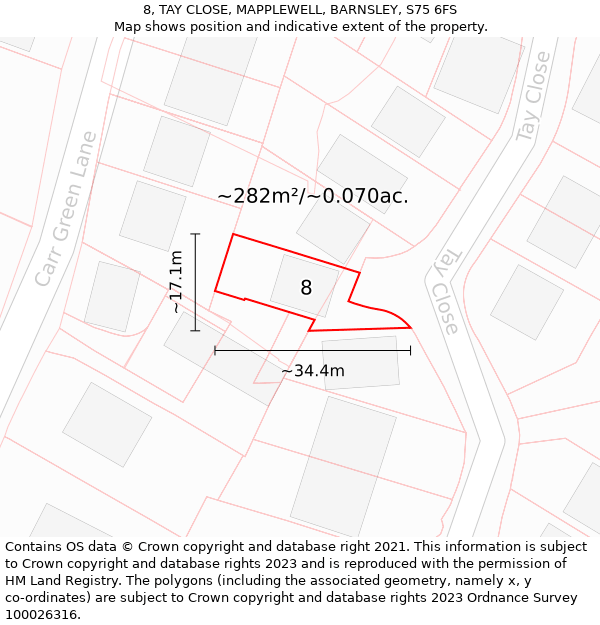 8, TAY CLOSE, MAPPLEWELL, BARNSLEY, S75 6FS: Plot and title map