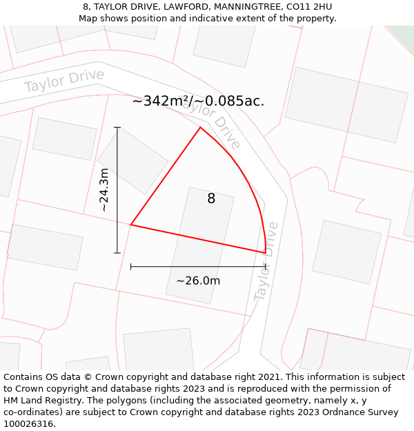 8, TAYLOR DRIVE, LAWFORD, MANNINGTREE, CO11 2HU: Plot and title map