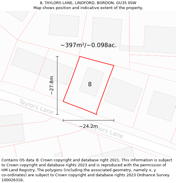 8, TAYLORS LANE, LINDFORD, BORDON, GU35 0SW: Plot and title map