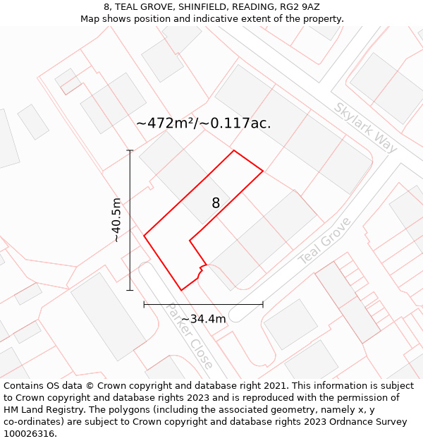 8, TEAL GROVE, SHINFIELD, READING, RG2 9AZ: Plot and title map