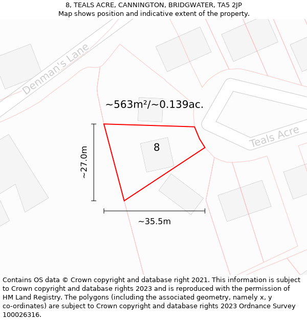 8, TEALS ACRE, CANNINGTON, BRIDGWATER, TA5 2JP: Plot and title map