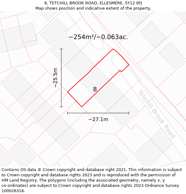 8, TETCHILL BROOK ROAD, ELLESMERE, SY12 0FJ: Plot and title map