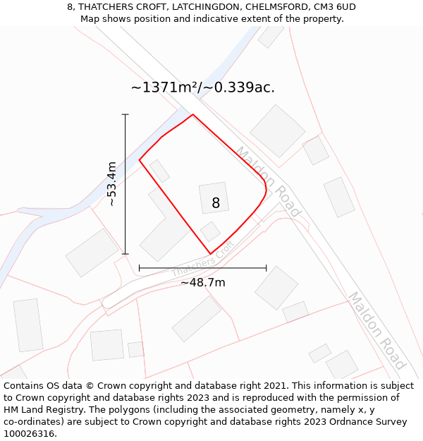 8, THATCHERS CROFT, LATCHINGDON, CHELMSFORD, CM3 6UD: Plot and title map