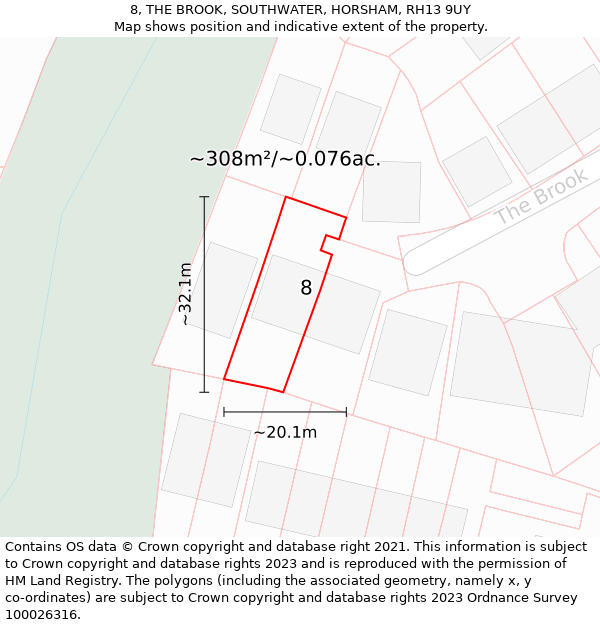 8, THE BROOK, SOUTHWATER, HORSHAM, RH13 9UY: Plot and title map