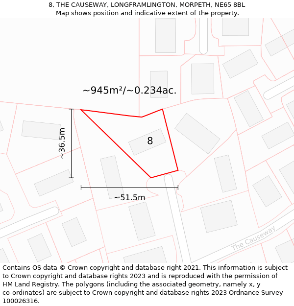 8, THE CAUSEWAY, LONGFRAMLINGTON, MORPETH, NE65 8BL: Plot and title map