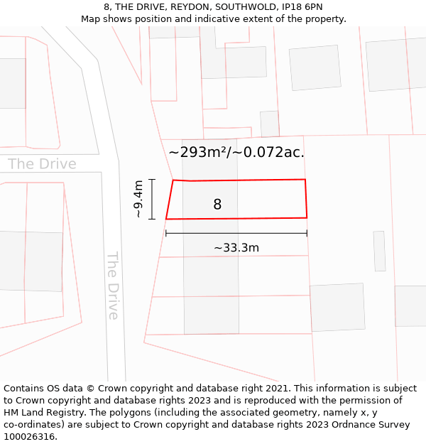 8, THE DRIVE, REYDON, SOUTHWOLD, IP18 6PN: Plot and title map