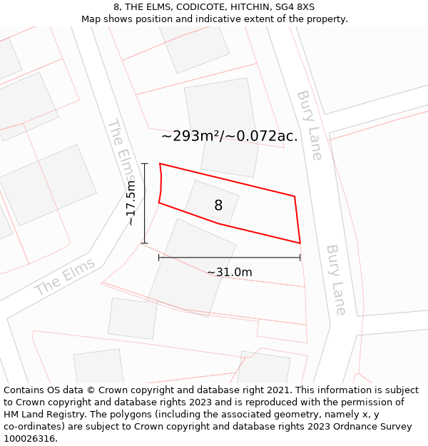 8, THE ELMS, CODICOTE, HITCHIN, SG4 8XS: Plot and title map
