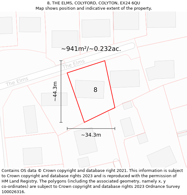 8, THE ELMS, COLYFORD, COLYTON, EX24 6QU: Plot and title map