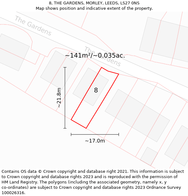 8, THE GARDENS, MORLEY, LEEDS, LS27 0NS: Plot and title map