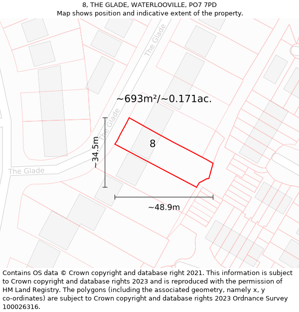 8, THE GLADE, WATERLOOVILLE, PO7 7PD: Plot and title map