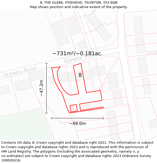 8, THE GLEBE, FIVEHEAD, TAUNTON, TA3 6QB: Plot and title map