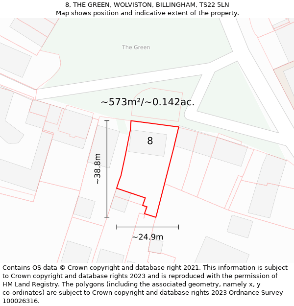 8, THE GREEN, WOLVISTON, BILLINGHAM, TS22 5LN: Plot and title map