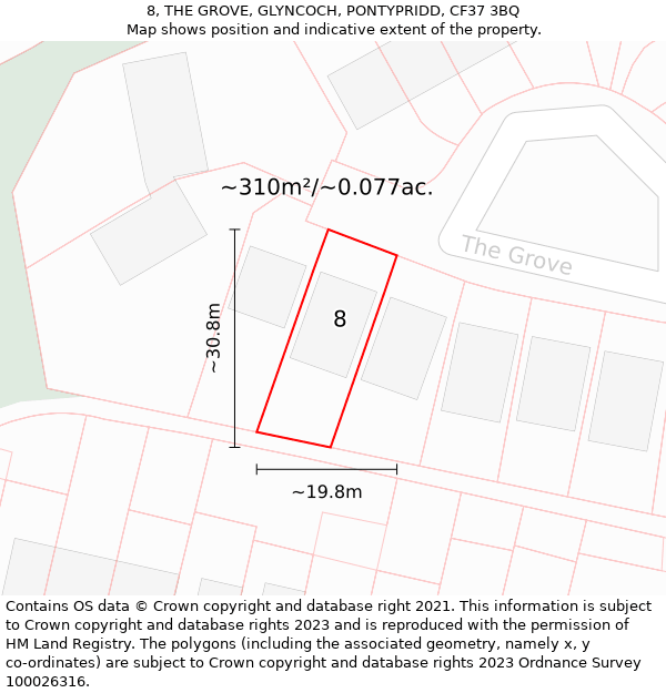 8, THE GROVE, GLYNCOCH, PONTYPRIDD, CF37 3BQ: Plot and title map