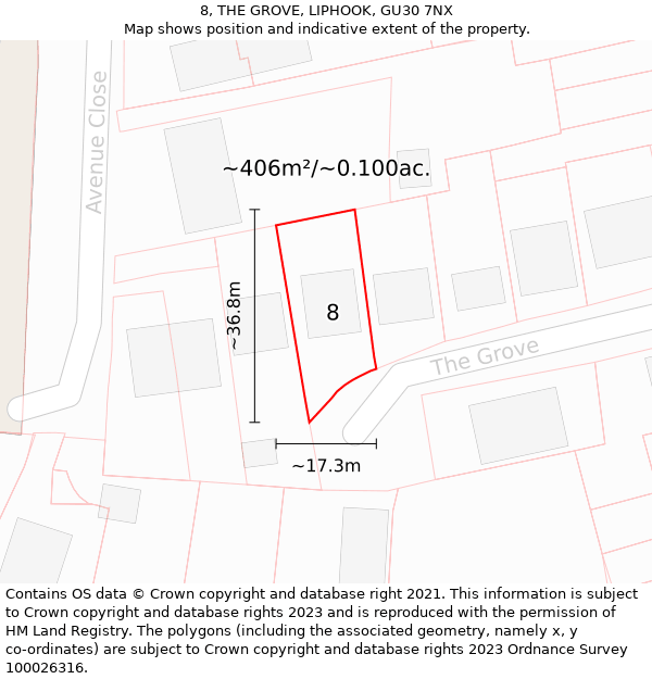 8, THE GROVE, LIPHOOK, GU30 7NX: Plot and title map