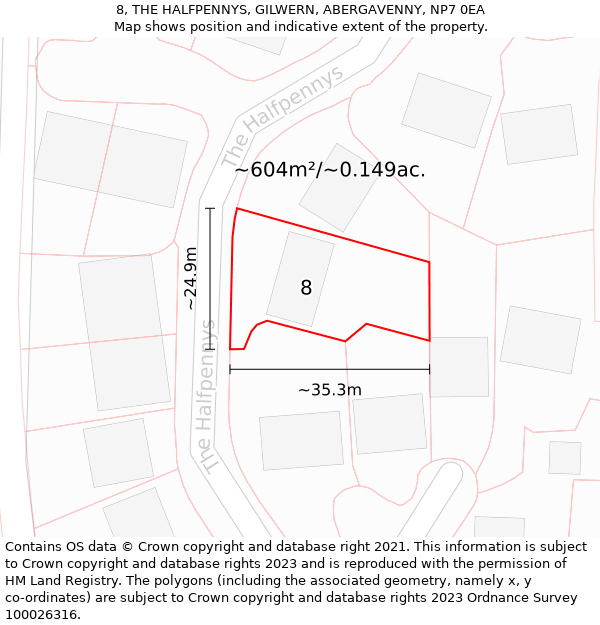 8, THE HALFPENNYS, GILWERN, ABERGAVENNY, NP7 0EA: Plot and title map