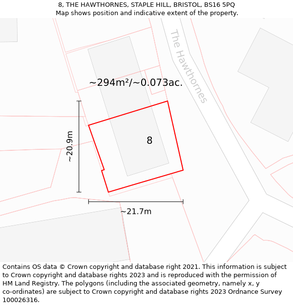 8, THE HAWTHORNES, STAPLE HILL, BRISTOL, BS16 5PQ: Plot and title map