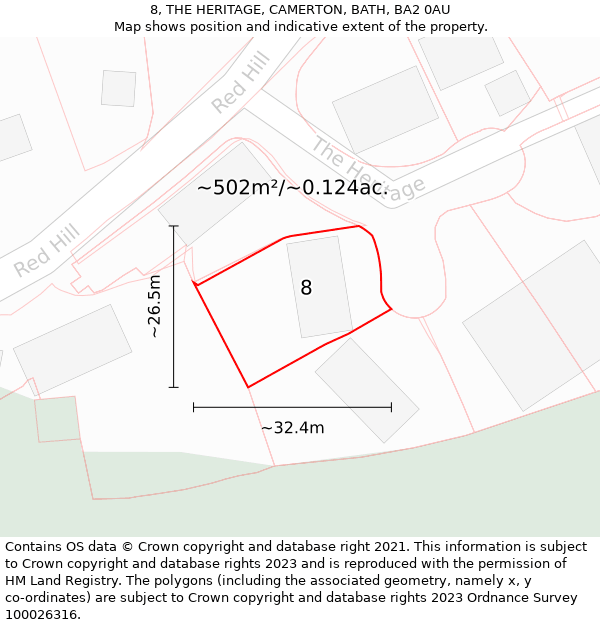 8, THE HERITAGE, CAMERTON, BATH, BA2 0AU: Plot and title map