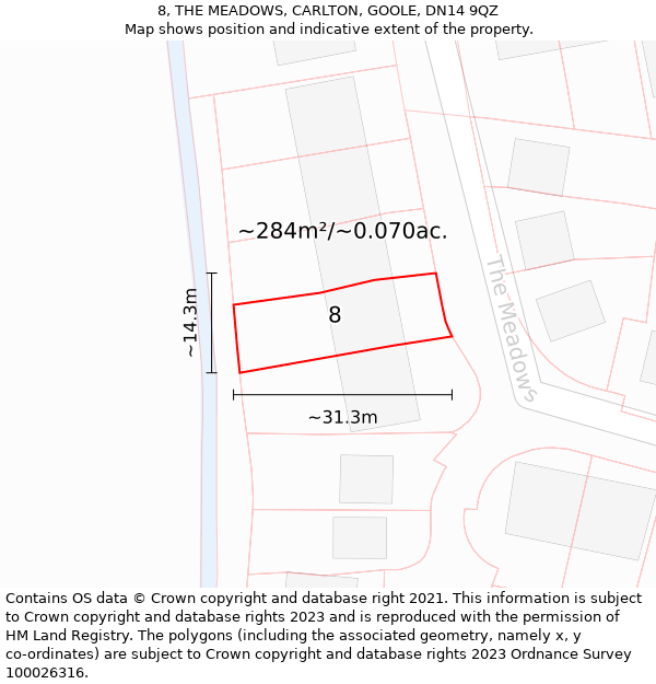 8, THE MEADOWS, CARLTON, GOOLE, DN14 9QZ: Plot and title map