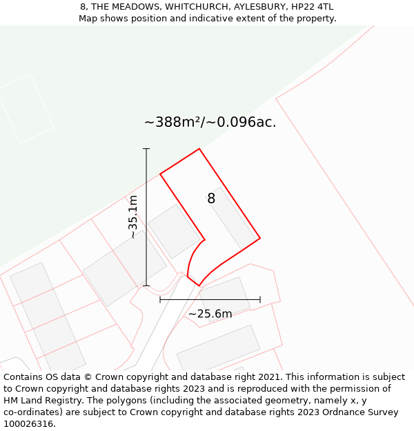 8, THE MEADOWS, WHITCHURCH, AYLESBURY, HP22 4TL: Plot and title map