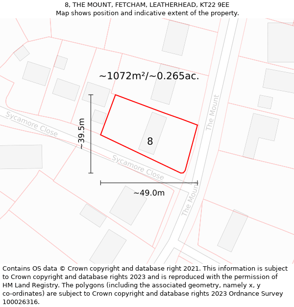 8, THE MOUNT, FETCHAM, LEATHERHEAD, KT22 9EE: Plot and title map