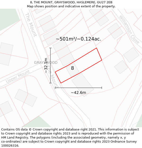 8, THE MOUNT, GRAYSWOOD, HASLEMERE, GU27 2EB: Plot and title map