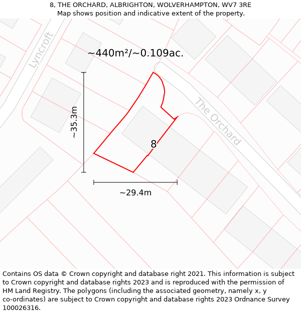 8, THE ORCHARD, ALBRIGHTON, WOLVERHAMPTON, WV7 3RE: Plot and title map