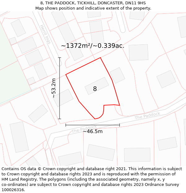 8, THE PADDOCK, TICKHILL, DONCASTER, DN11 9HS: Plot and title map