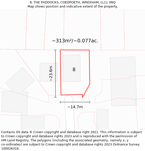 8, THE PADDOCKS, COEDPOETH, WREXHAM, LL11 3NQ: Plot and title map