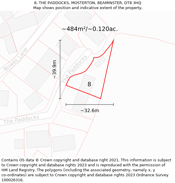 8, THE PADDOCKS, MOSTERTON, BEAMINSTER, DT8 3HQ: Plot and title map