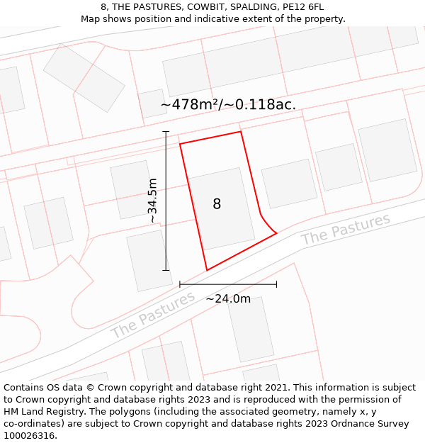 8, THE PASTURES, COWBIT, SPALDING, PE12 6FL: Plot and title map