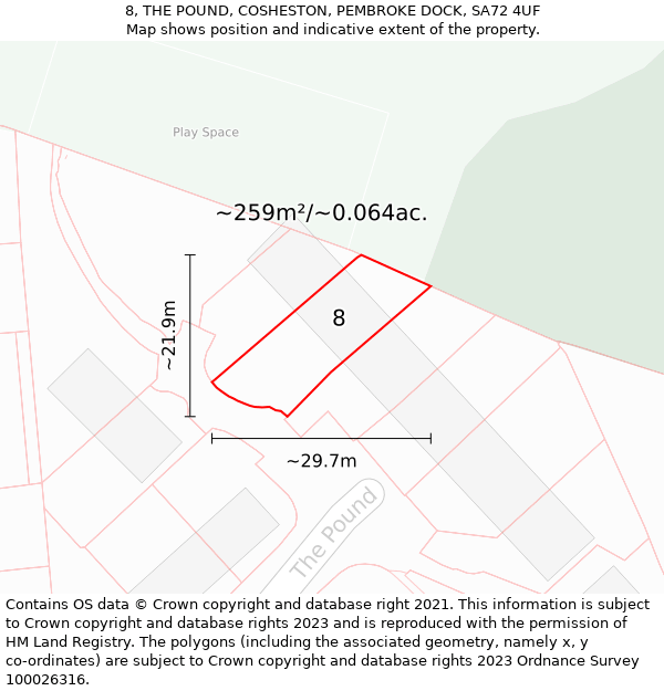 8, THE POUND, COSHESTON, PEMBROKE DOCK, SA72 4UF: Plot and title map