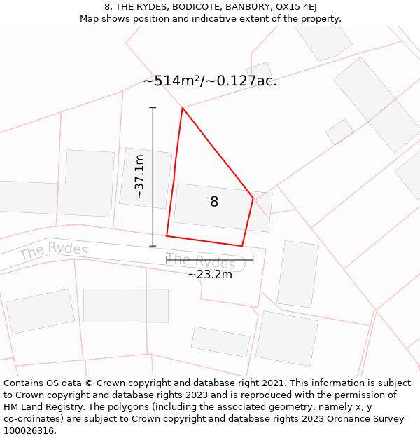 8, THE RYDES, BODICOTE, BANBURY, OX15 4EJ: Plot and title map