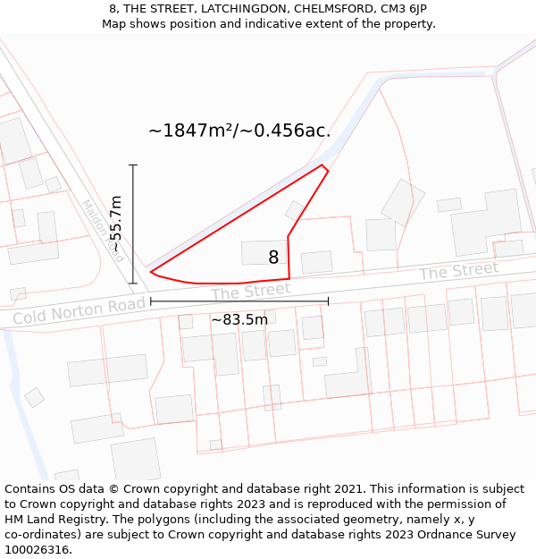 8, THE STREET, LATCHINGDON, CHELMSFORD, CM3 6JP: Plot and title map