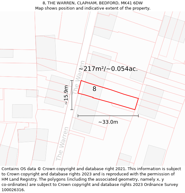 8, THE WARREN, CLAPHAM, BEDFORD, MK41 6DW: Plot and title map