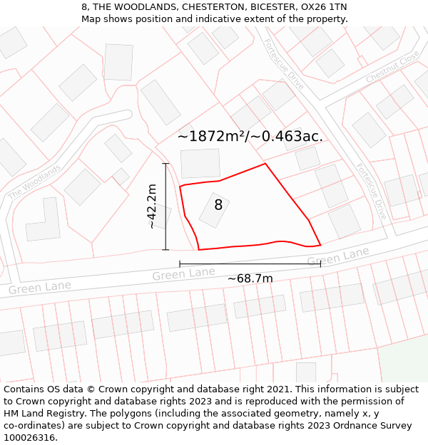 8, THE WOODLANDS, CHESTERTON, BICESTER, OX26 1TN: Plot and title map