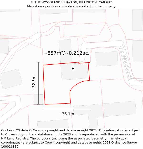 8, THE WOODLANDS, HAYTON, BRAMPTON, CA8 9HZ: Plot and title map