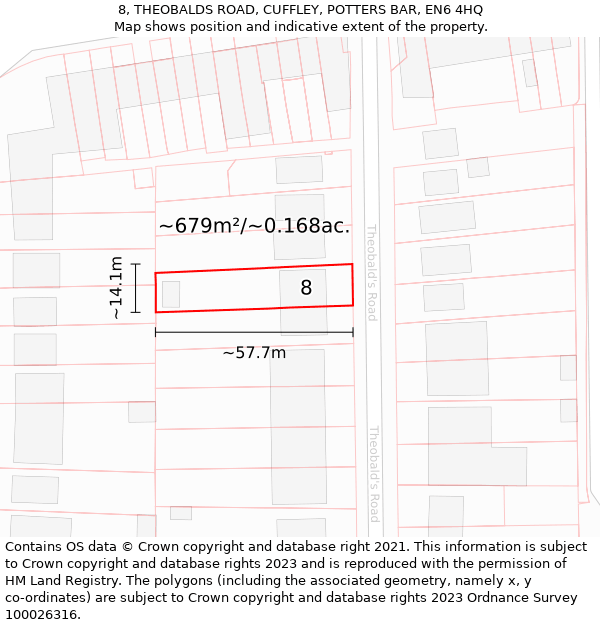 8, THEOBALDS ROAD, CUFFLEY, POTTERS BAR, EN6 4HQ: Plot and title map