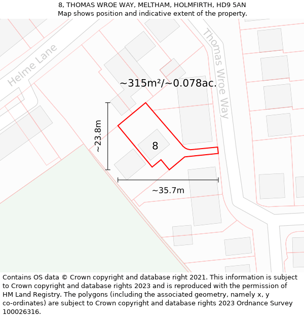 8, THOMAS WROE WAY, MELTHAM, HOLMFIRTH, HD9 5AN: Plot and title map